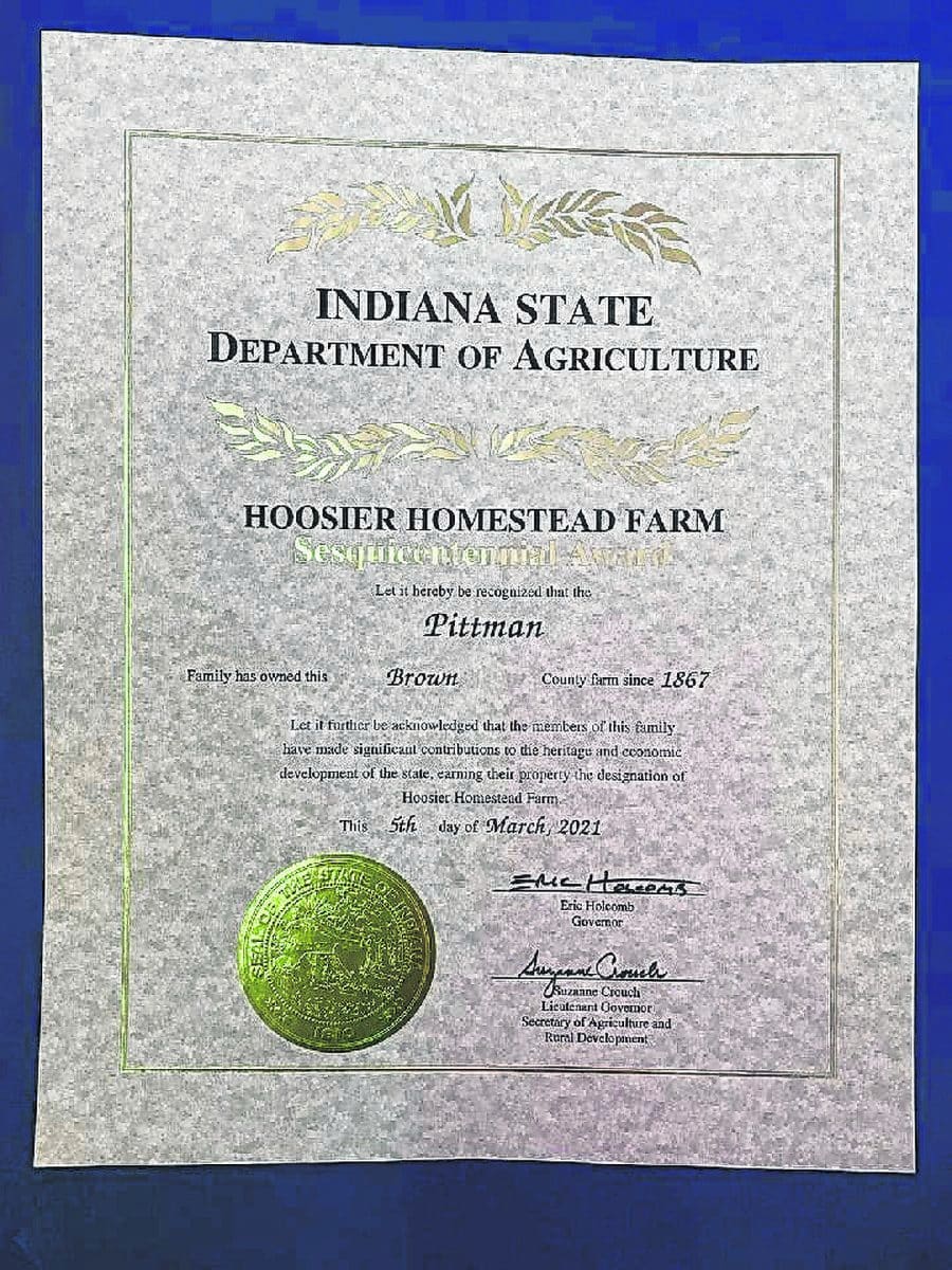 On March 5, Jerry Pittman and his family received the state Sesquicentennial Hoosier Homestead award for 150 years of commitment to Indiana agriculture. This is the second time the family farm has received the Hoosier Homestead award. The first time was in 1976 when the Pittman family received the Centennial award. Submitted