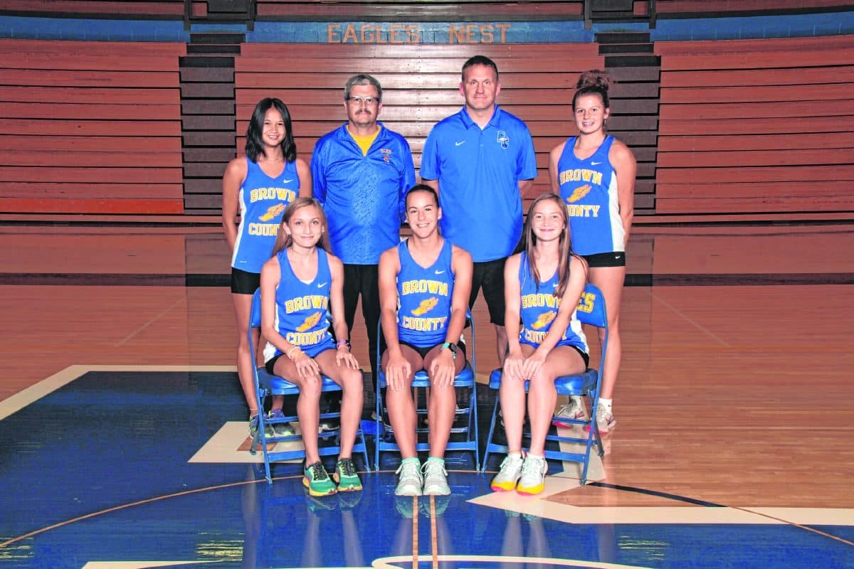 Front row: Hadley Gradolf, Leslie Austin and Madalyn Purlee.Back row: Emelia Koester, Coach Rob Abraham, Coach Kirk Wrightsman and Abigail Fleetwood.  Submitted | Inter-State Studio