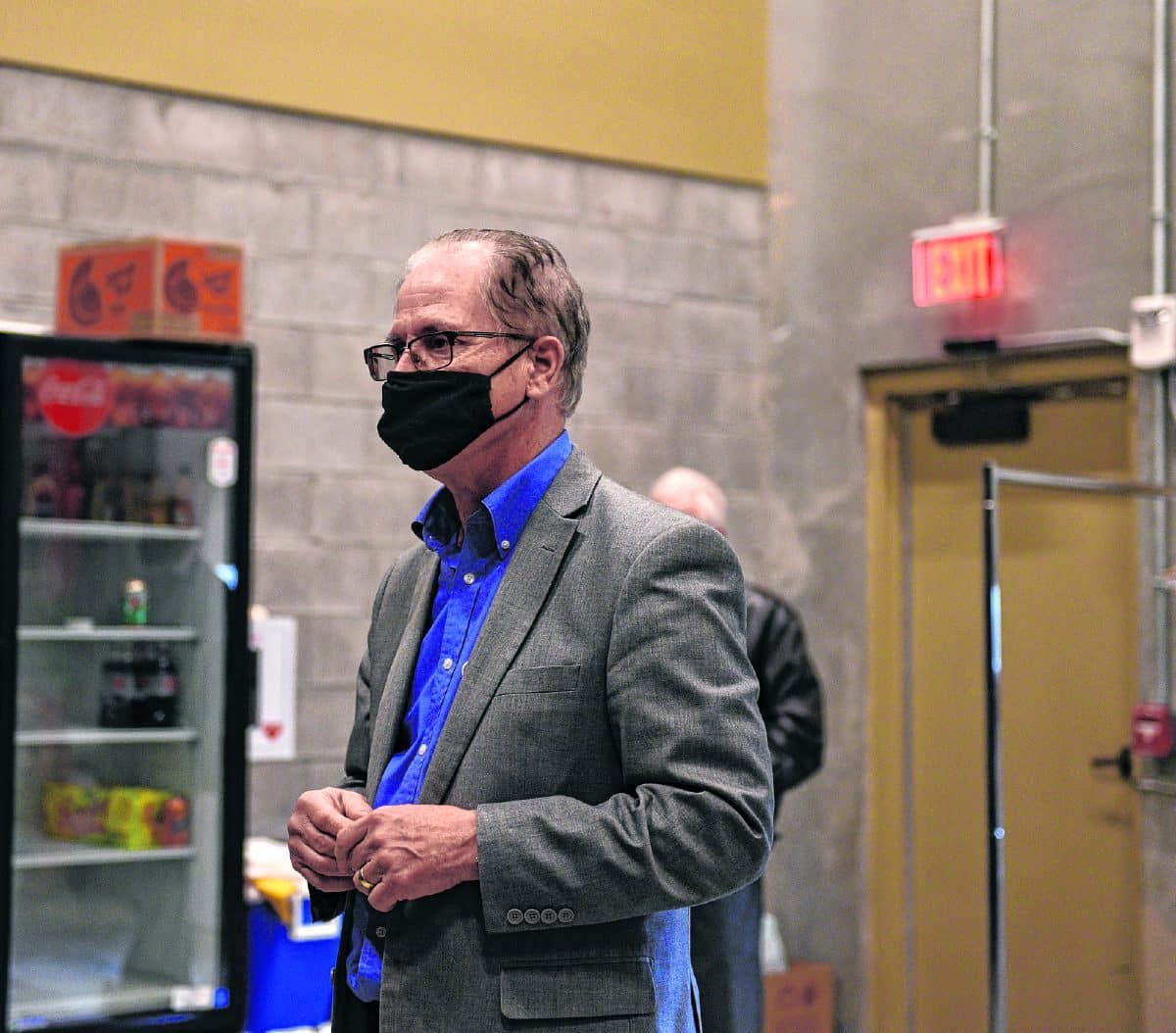 U.S. Sen. Mike Braun speaks to members of the Brown County Music Center management group and staff backstage on April 1. Braun visited the music center to learn about the success of the venue before COVID-19 forced it to close its doors, how the venue then pivoted to adapt to the pandemic, and what is in store for the future of the music center, which is eyeing a return of shows by the end of the third quarter this year. Suzannah Couch | The Democrat