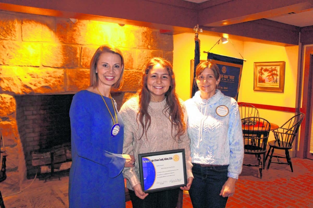 Rotarian and Superintendent of Schools Laura Hammack introduced Adrianna Kritzer as the Rotary Club of Brown County’s February Student of the Month at the club’s Feb. 13 meeting. Adrianna was accompanied by her mother, Michelle. Adrianna has assisted the Brown County High School administration in the main office for her entire tenure and was nominated by Pam Bond. She plays soccer, basketball and softball and is involved in several other activities. She is co-treasurer of the senior class and Rotary International’s Interact, its service club for young people. She was instrumental in raising money for victims of Hurricane Harvey in Texas and for Interact’s project to provide solar-charged, battery-powered lamps to a school for orphans in Uganda so students can study at night. Adrianna has been accepted at Indiana University, Indiana State University, Ball State and the University of Indianapolis. She plans to study marketing and public relations. Submitted photo