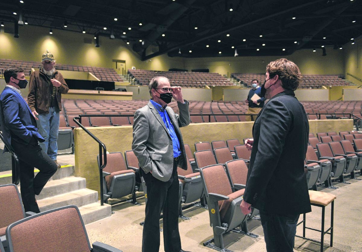 Brown County Music Center Executive Director Christian Webb gives a tour of the Brown County Music Center to U.S. Sen. Mike Braun on April 1. Braun visited the music center to learn about the success of the venue before COVID-19 forced it to close its doors, how the venue then pivoted to adapt to the pandemic, and what is in store for the future of the music center, which is eyeing a return of shows by the end of the third quarter this year. Suzannah Couch | The Democrat