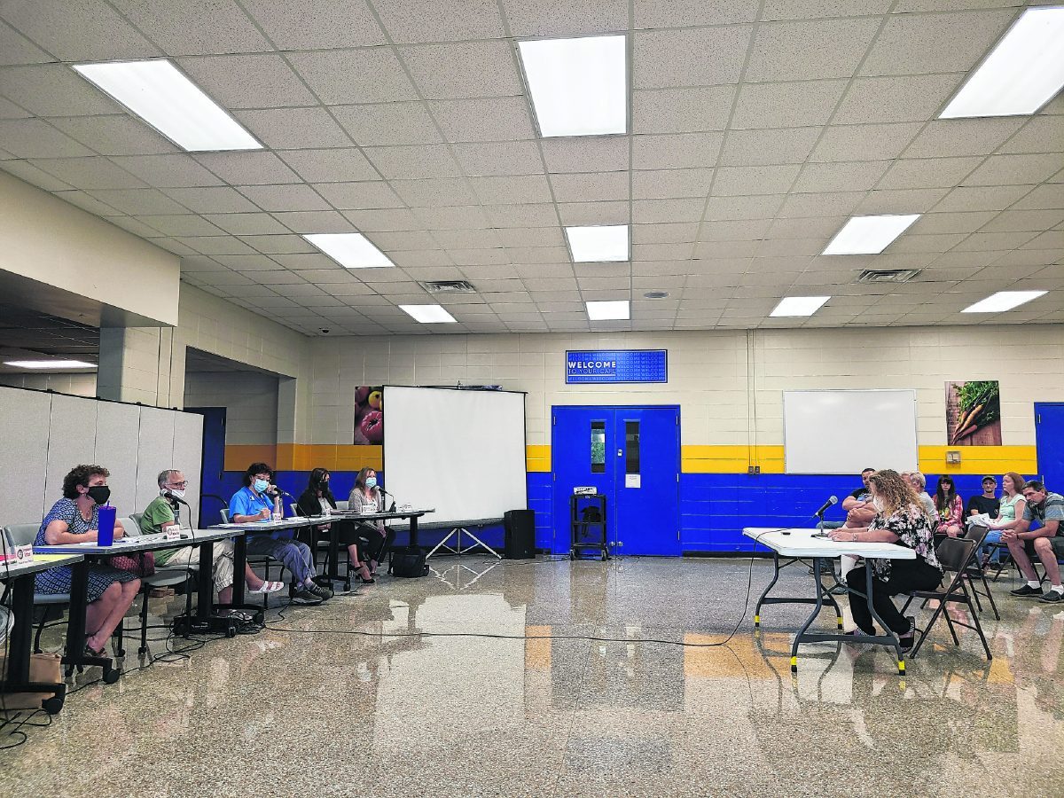 Nancy Williamson-McCloud shares her comments about changes to the Brown County Schools COVID-19 educational service delivery plan during a special meeting of the Brown County Schools Board of Trustees on Aug. 12 at the high school. Around 60 parents, guardians and school employees showed up to express their concern or support over a proposed change to the district’s plan that would require all students and staff to mask up regardless of vaccination status. After an hour of comments from the public, the board voted unanimously to approve the changes. Suzannah Couch | The Democrat