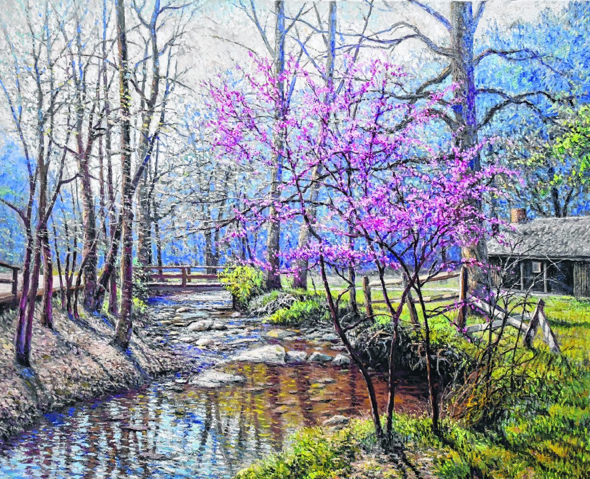 “Spring At Strahl Creek” is a view from April 2020, looking downstream with the spillway behind the artist in the Brown County State Park. This is one of the more than 90 paintings that will be exhibited during the Brown County Art Gallery’s Collectors’ Showcase 2021 in “Brown County State Park, Indiana’s Crown Jewel,” a two-year exploration of the park by local artist Timothy Greatbatch. More than 90 paintings illustrate his journey painting the park in all seasons and times of day. Greatbatch worked with retired naturalist Jim Eagleman to document each painting. Leo Miller | Submitted photo